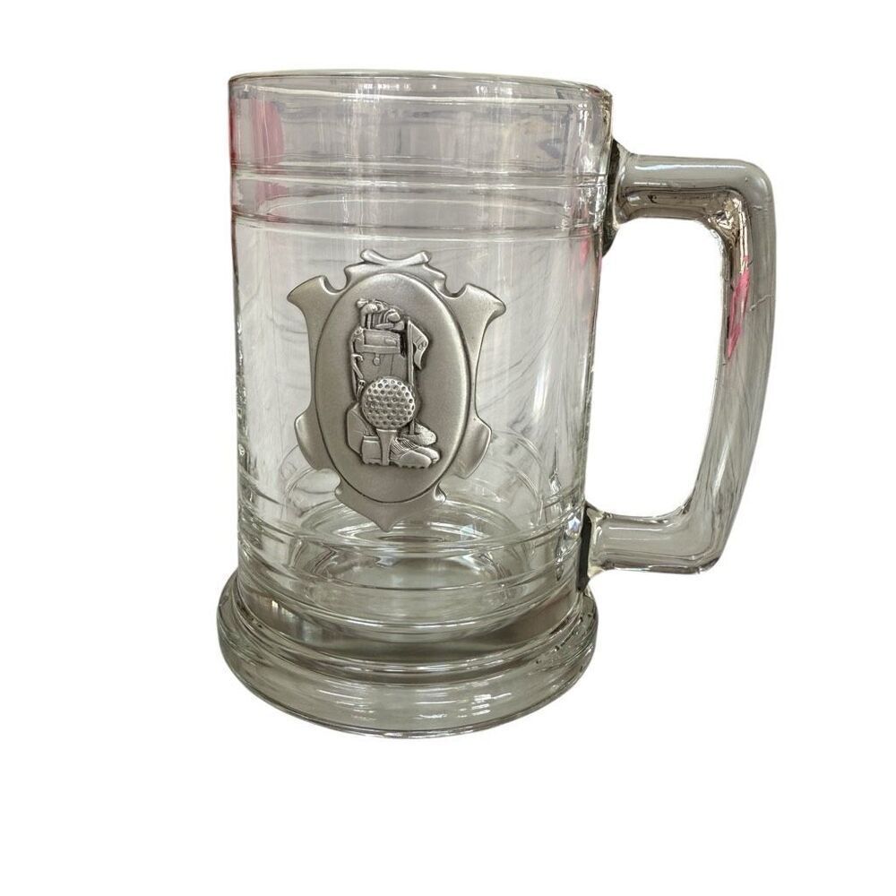 Clear Glass Beer Mug Stein with Pewter Golf Ball Clubs Sporting Motif